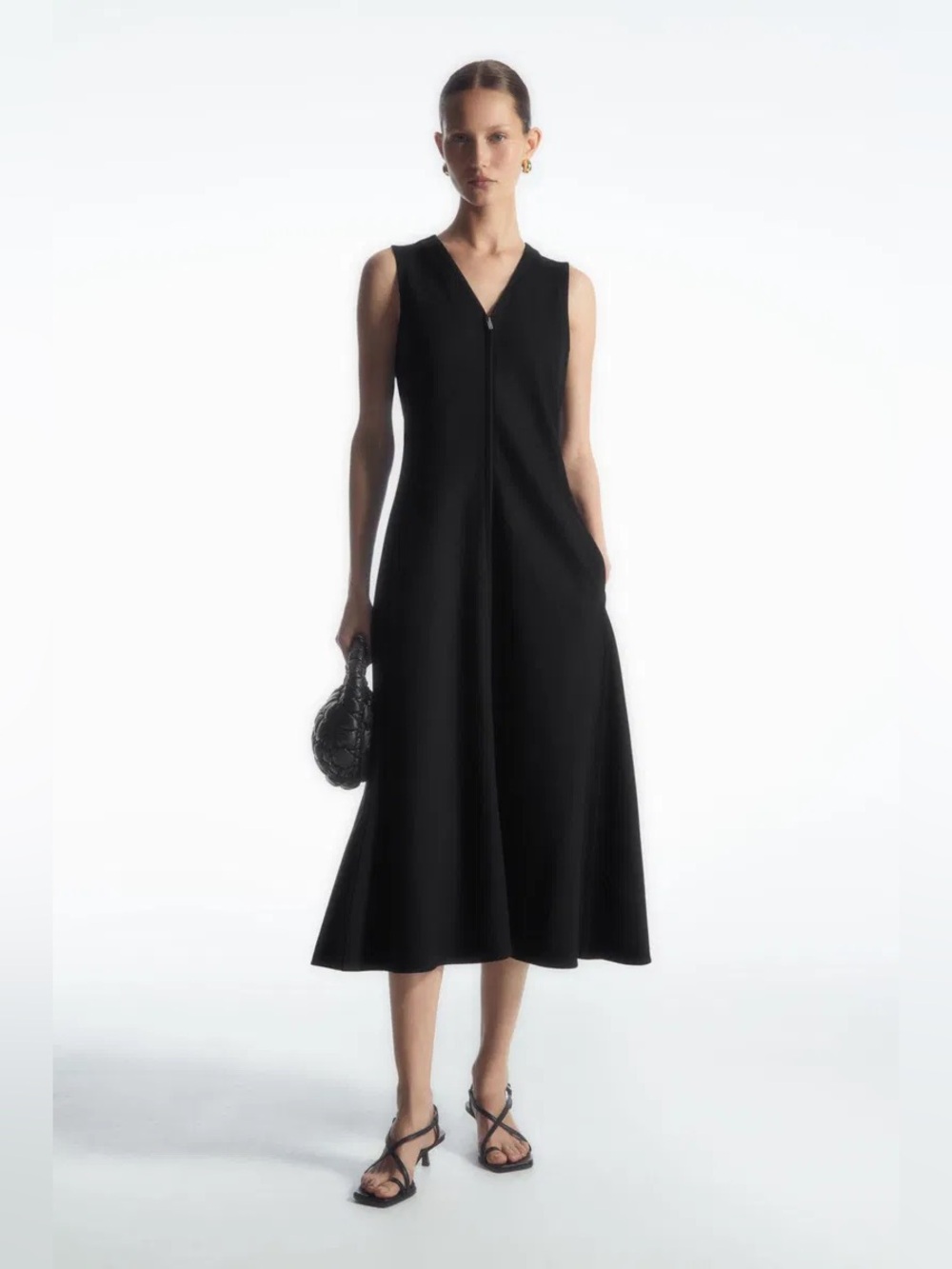 COS Black Zip-Front V-Neck Midi Dress Small